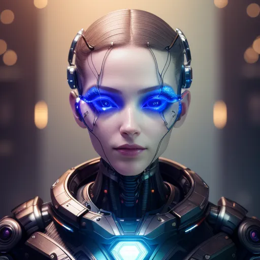 The image is a portrait of a beautiful young woman with short brown hair. She is wearing a black and blue bodysuit with a high collar. The bodysuit is covered in blue lights. She has blue eyes and blue eyeshadow. There are metal plates on her cheeks and a metal band around her head. She looks like a cyborg or a robot.