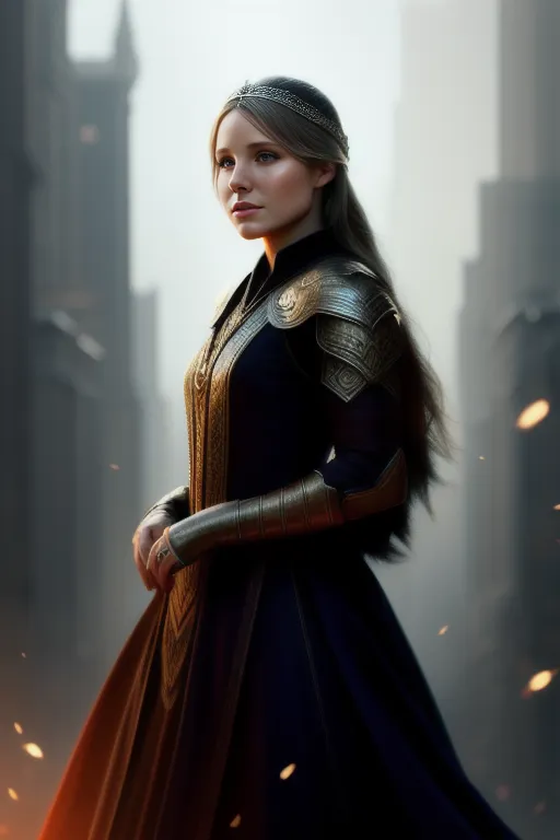 Cette image montre une femme portant une robe bleue avec une armure dorée. Elle porte un diadème argenté sur la tête et a de longs cheveux blonds. Elle se tient debout dans une ville en ruines avec un regard déterminé sur son visage.