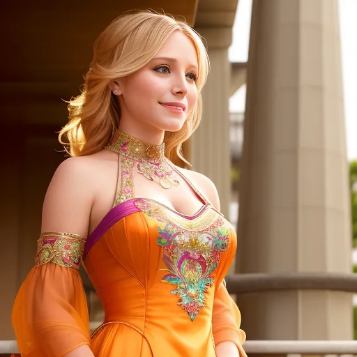 The image shows a beautiful young woman with long, wavy blonde hair and blue eyes. She is wearing an orange dress with a sweetheart neckline and an embroidered bodice. The dress is trimmed with gold and has a long, flowing skirt. The woman is standing on a balcony, and she is looking out at the view. She has a serene smile on her face, and she seems to be enjoying the moment.