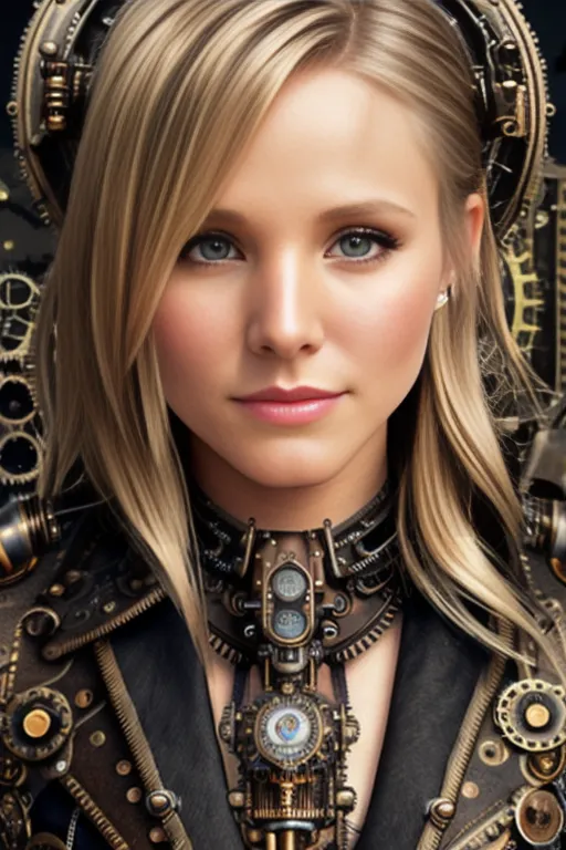 The picture shows a beautiful young woman with long blond hair and blue eyes. She is wearing a black leather steampunk-style outfit with lots of metal gears and cogs. She has a large mechanical device on her chest that looks like a clock.