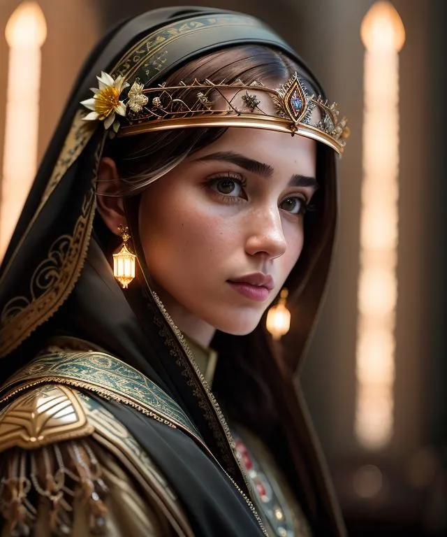 The image shows a young woman, probably a princess or a queen, with an elaborate headdress and a pensive expression on her face. She is wearing a dark green dress with gold trim and a gold crown. The crown is decorated with rubies and emeralds. The woman has long brown hair and green eyes. The background is blurry, but it looks like there are candles or torches on either side of the woman.