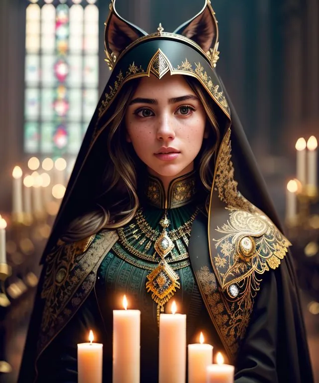 The image is of a young woman with long brown hair and cat ears. She is wearing a green and gold headdress and a green dress with a white collar. She is also wearing a necklace with a large green gem in the center. She is standing in front of a stained glass window, and there are candles burning on either side of her.