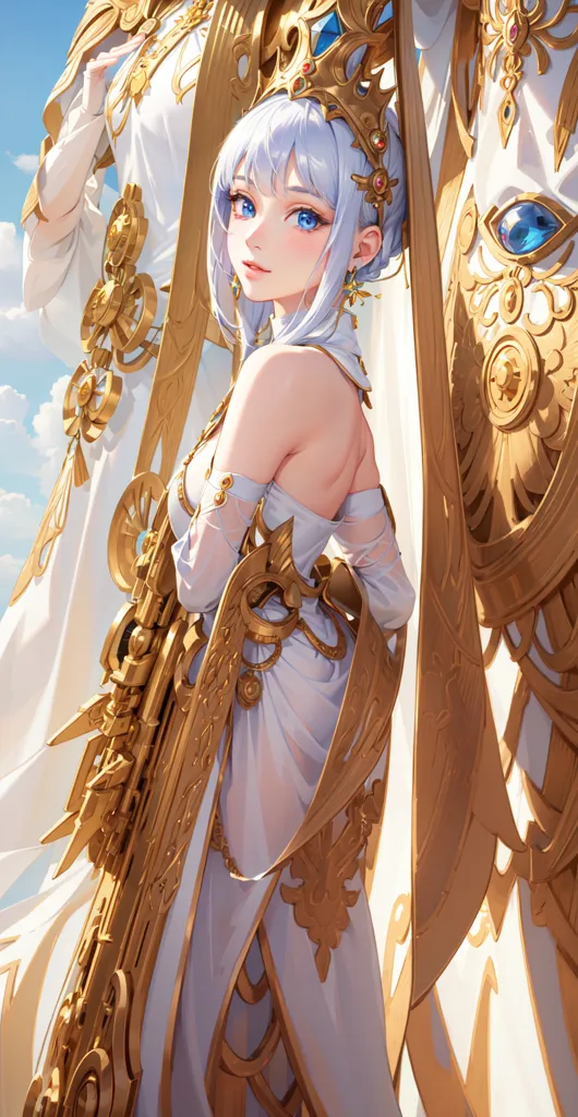 The image is of a beautiful anime girl with long white hair and blue eyes. She is wearing a white and gold dress with a lot of intricate details. She is also wearing a crown and has a serious expression on her face. She is standing in front of a large white and gold structure that looks like a temple or a palace. There are two large statues of women with wings standing behind her. The image is very detailed and has a lot of vibrant colors.