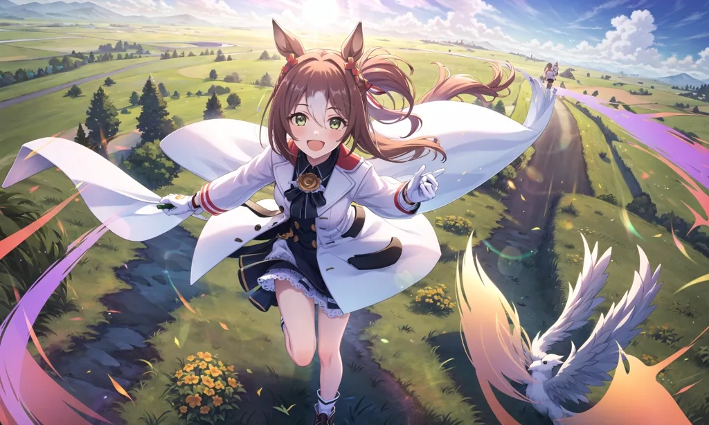 This image is of a young girl with brown hair and green eyes. She is wearing a white lab coat over a black dress. She is running through a field of green grass and yellow flowers. There are two white doves flying next to her. The background is a blue sky with white clouds.