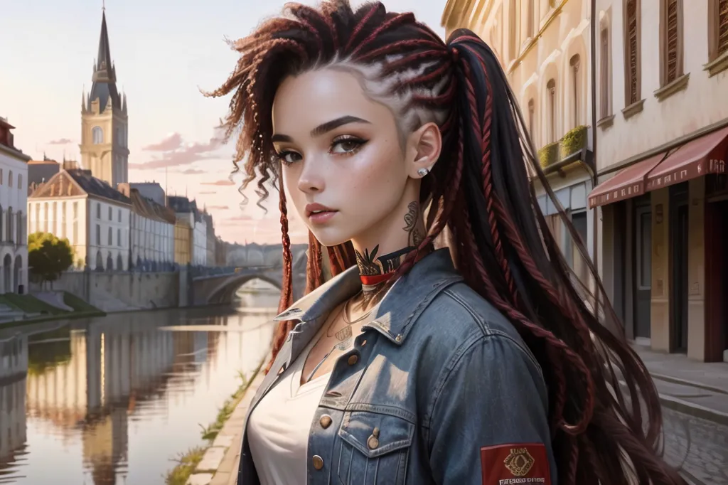 The image shows a young woman with red and black hair styled in a ponytail. She is wearing a white shirt and a blue denim jacket. She has a tattoo on her neck and a piercing in her left ear. She is standing in a European city with a river in the background.