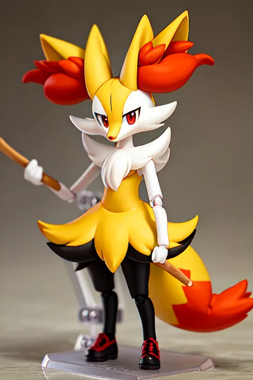 The image shows a figure of Fennekin, a Pokémon from the Pokémon franchise. Fennekin is a fox-like creature with yellow and white fur, red and orange ears, and a long, bushy tail. It is standing on a small stand and is holding a drumstick in each hand. It is also wearing a yellow dress with a black collar and black leggings. The figure is made of plastic and is about 4 inches ta