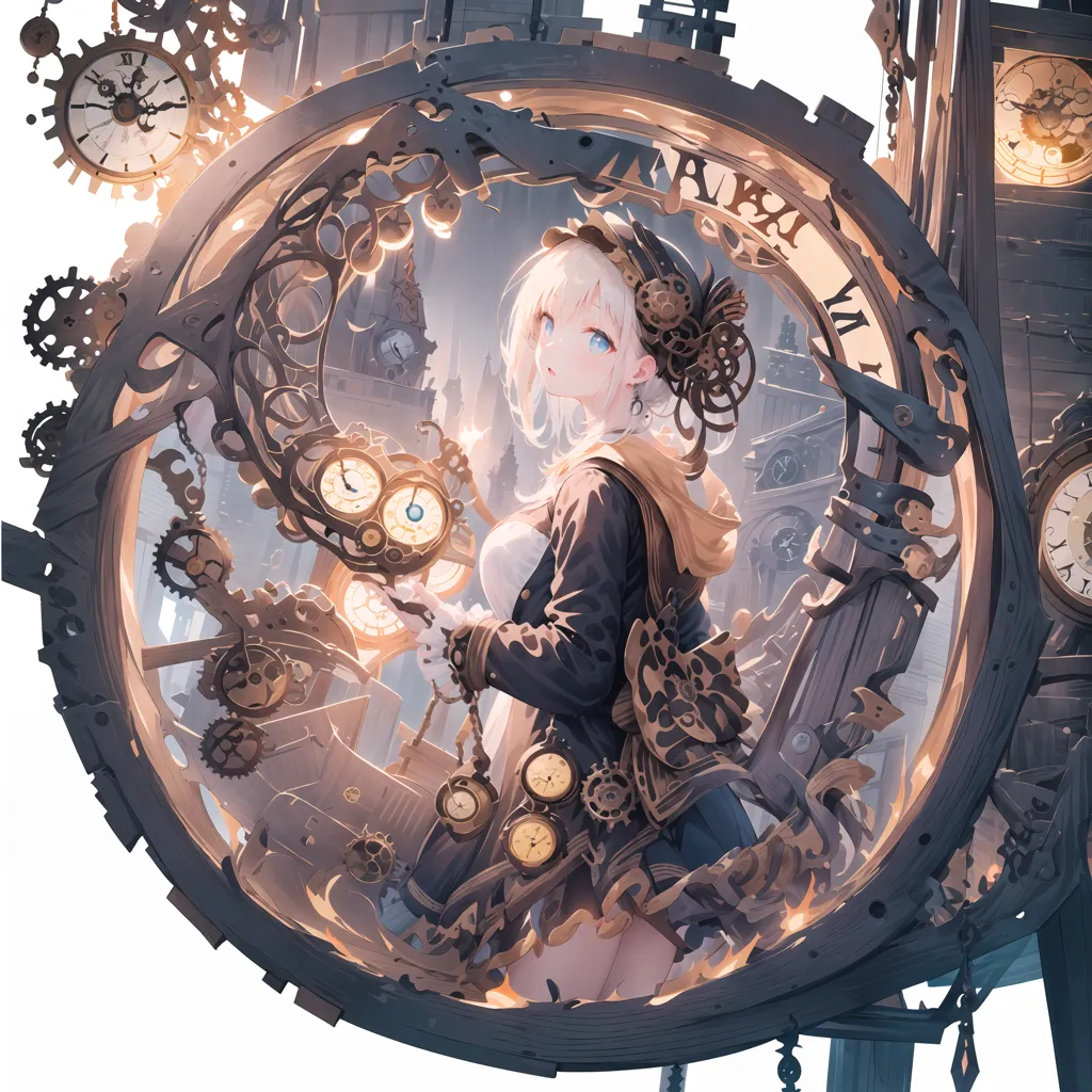 This image is a steampunk illustration of a young woman standing in front of a large clock. The woman is wearing a black hat and coat, and she has long white hair. She is holding a pocket watch in her left hand, and there are gears and cogs in the background. The clock is made of metal, and it has a large Roman numeral clock face. The woman is standing on a platform, and there are buildings and towers in the background. The image has a sepia tone, and it is rendered in a realistic style.