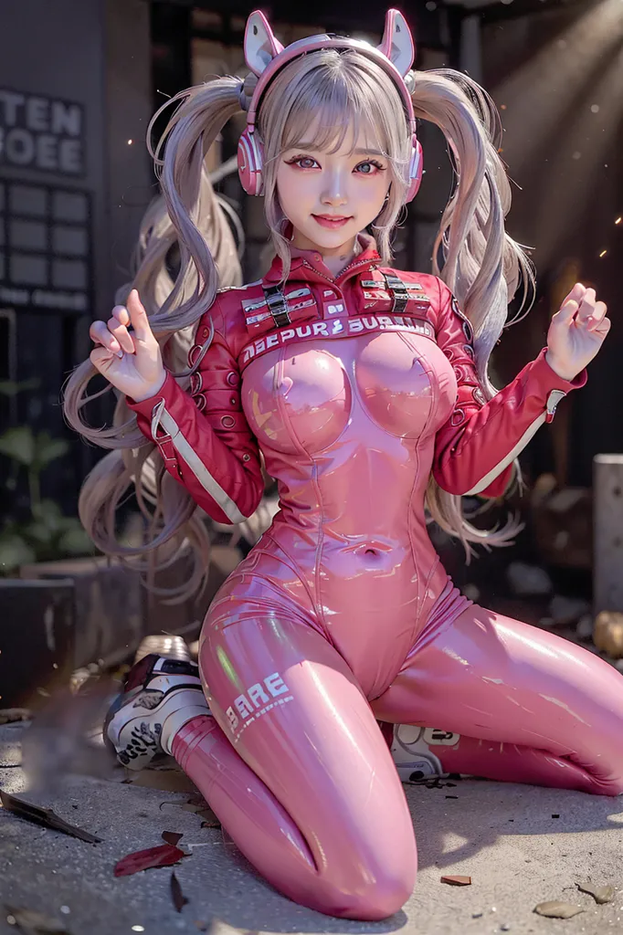 The image depicts a young woman with long silver hair and pink eyes. She is wearing a glossy pink bodysuit with a white collar and pink headphones. She is kneeling on the ground with her hands on her knees. The background is a blur of gray.