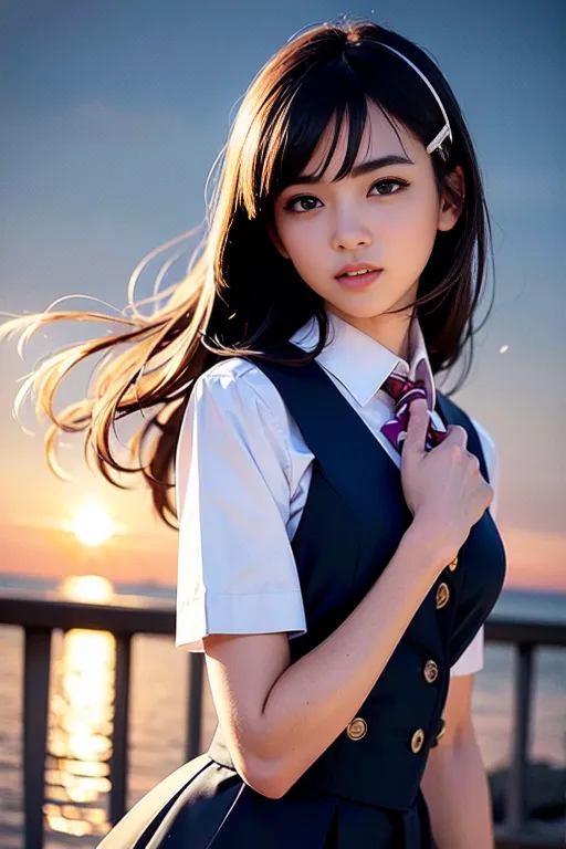 The image is a portrait of a young Japanese school girl. She is standing on a pier, looking at the sunset. She has long brown hair that is blowing in the wind. She is wearing a white shirt, a blue vest, and a black skirt. She has a red tie and a white ribbon in her hair. She is also wearing a gold necklace and a gold bracelet. She has a soft smile on her face. The background is a blurred image of the ocean at sunset.