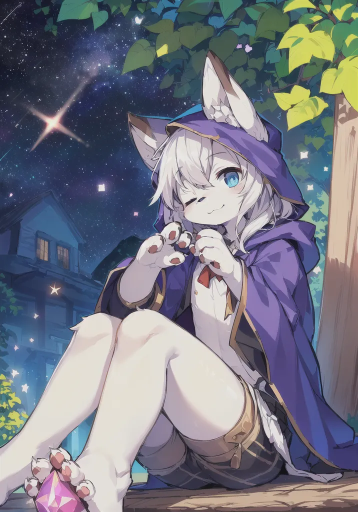 The image is of a young kitsune girl with white hair and blue eyes. She is wearing a purple cloak with a white hood and brown shorts. She is sitting on a branch of a tree, with her legs hanging off. She has a paw on her knee and the other paw is holding a pink gem. She is winking at the viewer. There is a house in the background and a starry night sky.