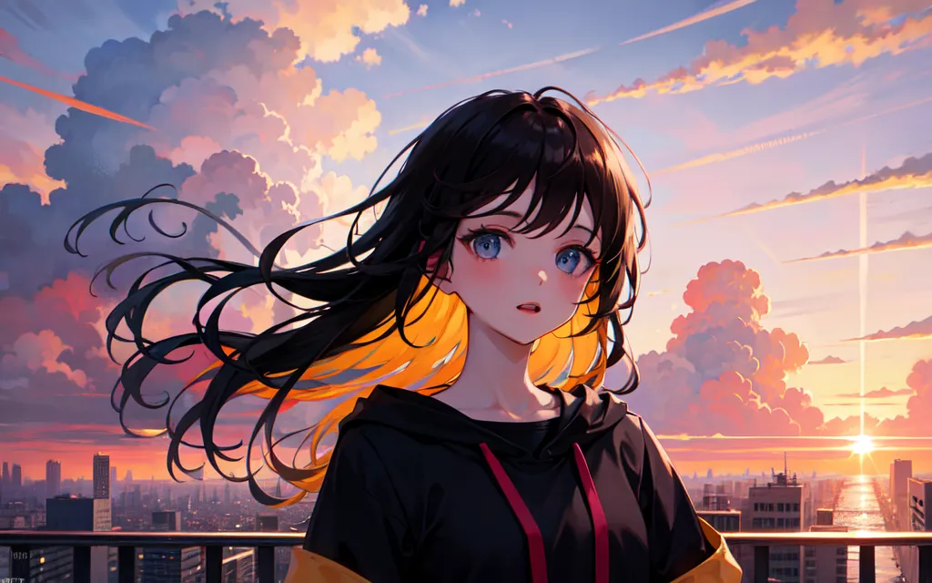 This is an image of a girl with long black hair and blue eyes. She is wearing a black hoodie with a yellow zipper. The girl is standing on a rooftop, looking out at the city. The sun is setting, and the sky is a gradient of orange, pink, and blue. The clouds are fluffy and white. The girl's hair is blowing in the wind. She has a peaceful expression on her face.