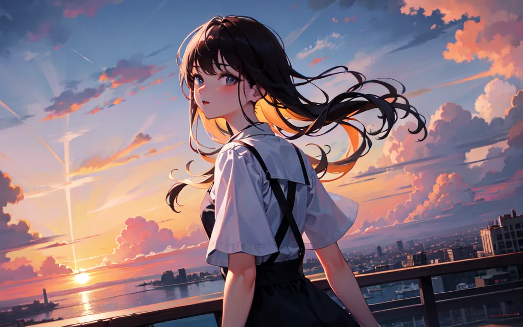 The image is a painting of a girl standing on a rooftop overlooking a city. The girl is wearing a white shirt and a black skirt. She has long brown hair that is blowing in the wind. The sun is setting in the background, casting a warm glow over the city. The sky is a gradient of orange, pink, and blue. There are clouds dotting the sky. The city is in the distance and is made up of tall buildings. The girl is looking out at the view with a peaceful expression on her face.