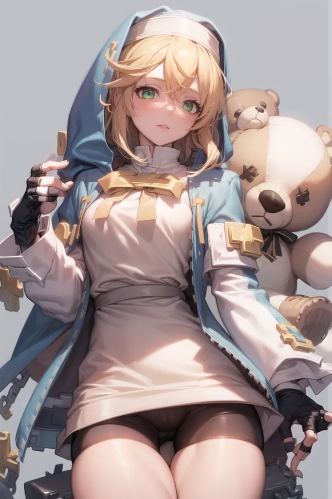 The image depicts a young woman with a teddy bear. The woman is wearing a white dress with a blue cape. The teddy bear is brown and has a bandage on its head. The woman has blonde hair and green eyes. She is looking at the viewer with a slightly sad expression. The image is drawn in a realistic style and the colors are vibrant.