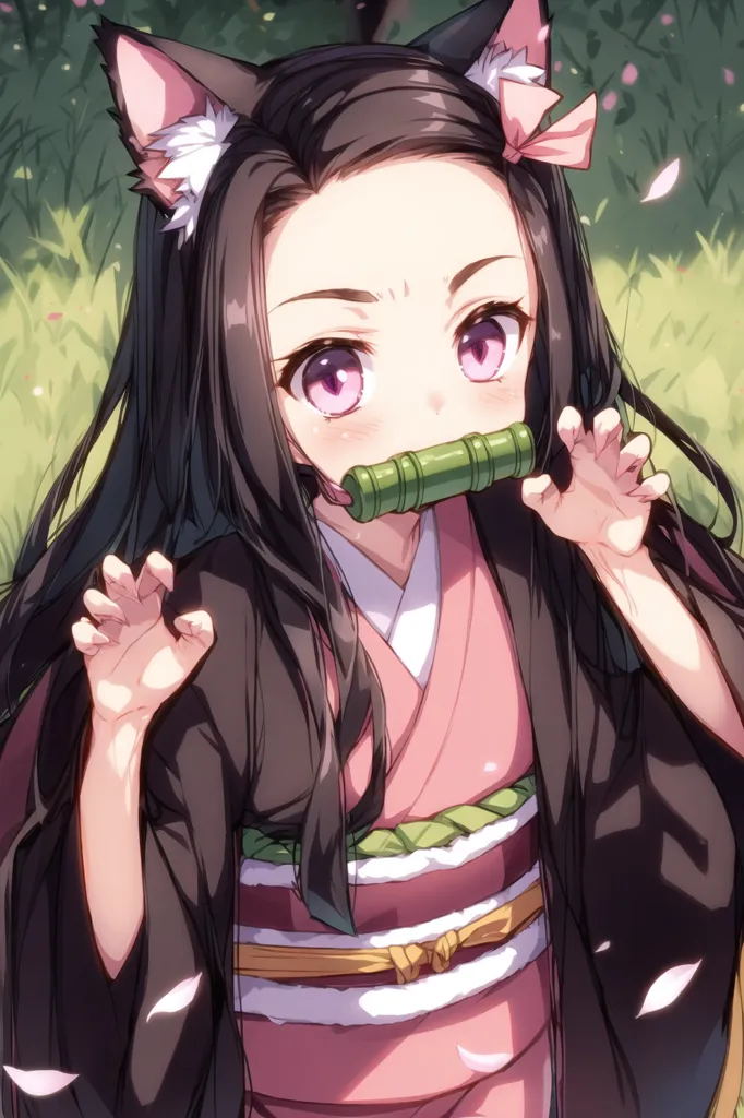 The image is of a young girl with long black hair and pink eyes. She is wearing a pink kimono with a white obi and has a bamboo muzzle in her mouth. She has cat ears and is sitting on the ground with her hands outstretched. There are pink flowers in the background.