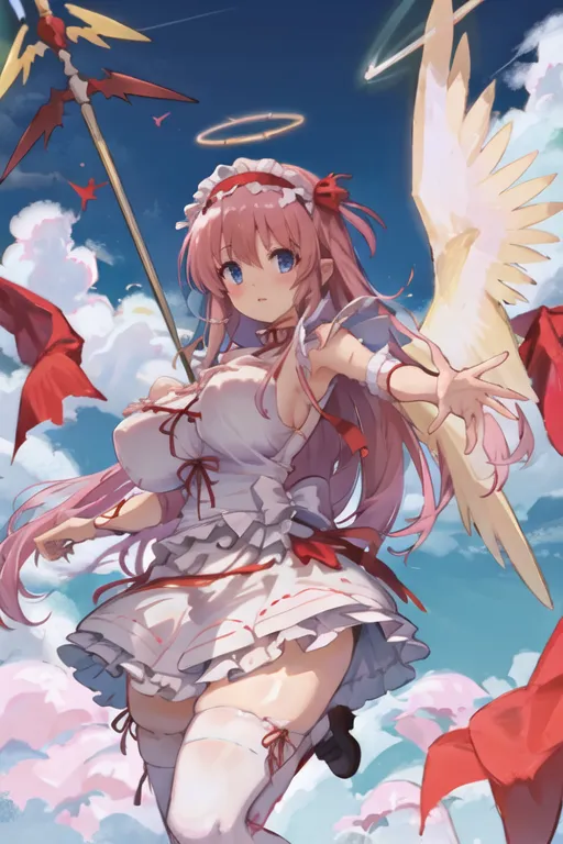 The image depicts a young woman with pink hair and blue eyes. She is wearing a white and red maid outfit with a halo above her head and has large angel wings. She is also carrying a large staff with a red and white flag attached to it. She is standing in front of a cloudy sky with a determined expression on her face.