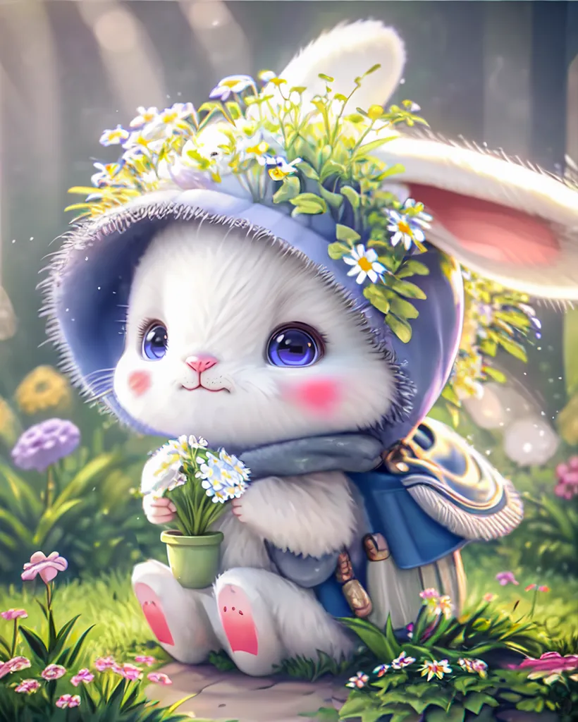 The image is of a cute rabbit wearing a blue hood with flowers on its head. The rabbit is sitting in a field of flowers and holding a small pot with flowers in its paws. The rabbit has big blue eyes and a pink nose. It is looking at the viewer with a curious expression. The image is drawn in a soft, cartoon style and has a whimsical feel to it.