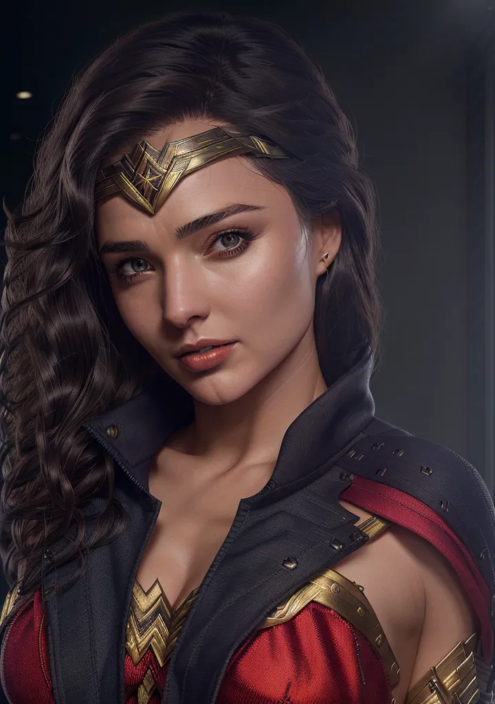 The picture shows a young woman with long, dark, curly hair. She is wearing a red and gold Wonder Woman costume with a gold headpiece. The woman has light makeup on and is looking at the camera with a serious expression. She is standing in front of a dark background.