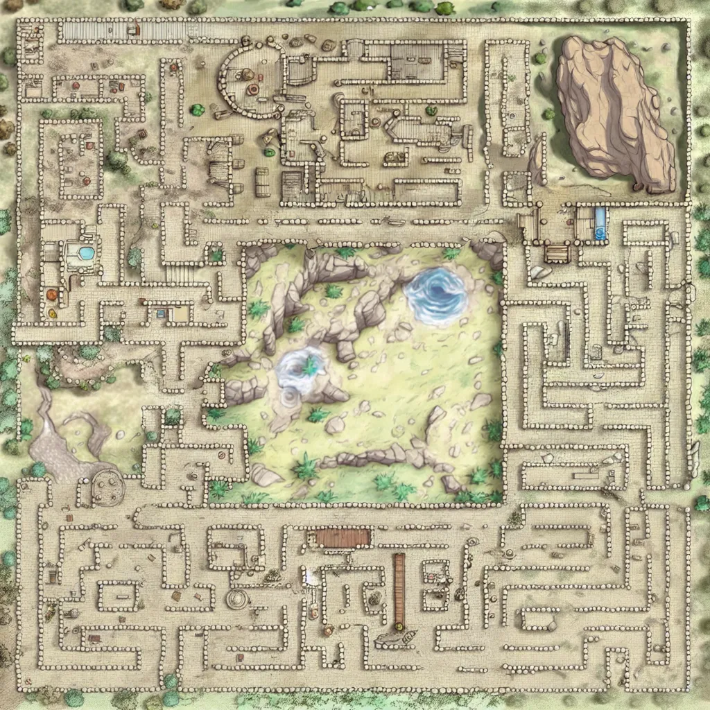 The image is a top-down view of a maze. The maze is made of stone walls and has a sandy ground. There are a few trees and rocks scattered around the maze. In the center of the maze is a large open area with a pool of water. There is a building on the north side of the open area and a large rock formation on the south side.