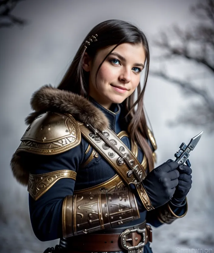 Esta imagen muestra a una mujer joven vestida con una armadura de fantasía. Tiene una sonrisa amistosa en su rostro. Lleva un jubón de cuero azul y marrón con adornos dorados y piel alrededor del cuello. También tiene guantes y botas de cuero marrón. Sostiene un cuchillo en su mano derecha. Tiene un cinturón marrón con una hebilla grande alrededor de la cintura y varios cinturones más pequeños con bolsas adheridas a ellos. Está de pie en un bosque nevado.