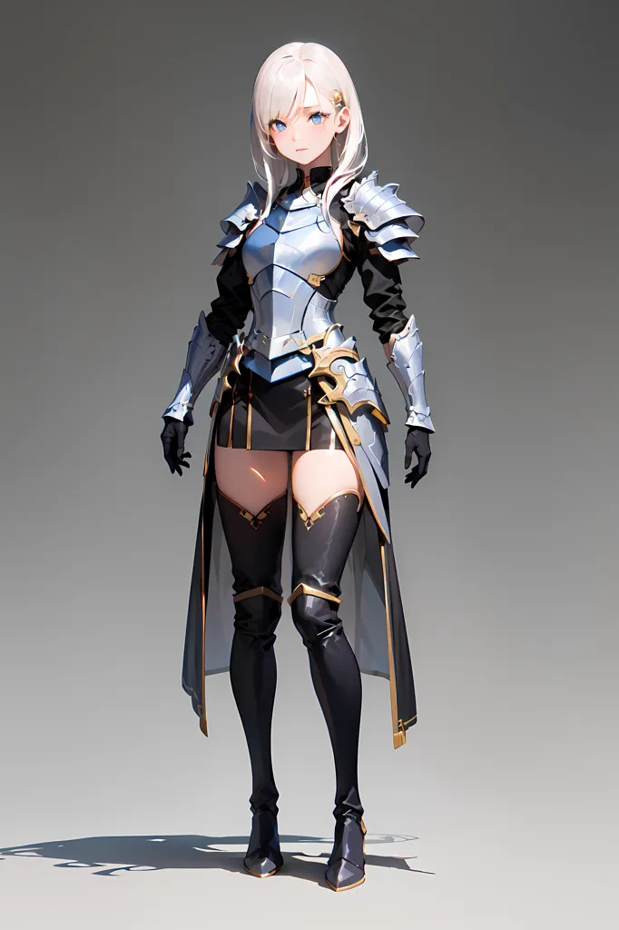 The image is of a female knight in armor. She is wearing a white and silver breastplate with a black skirt and boots. She has a sword on her hip and a shield on her back. Her hair is white and her eyes are blue. She is standing in a confident pose, ready to fight.