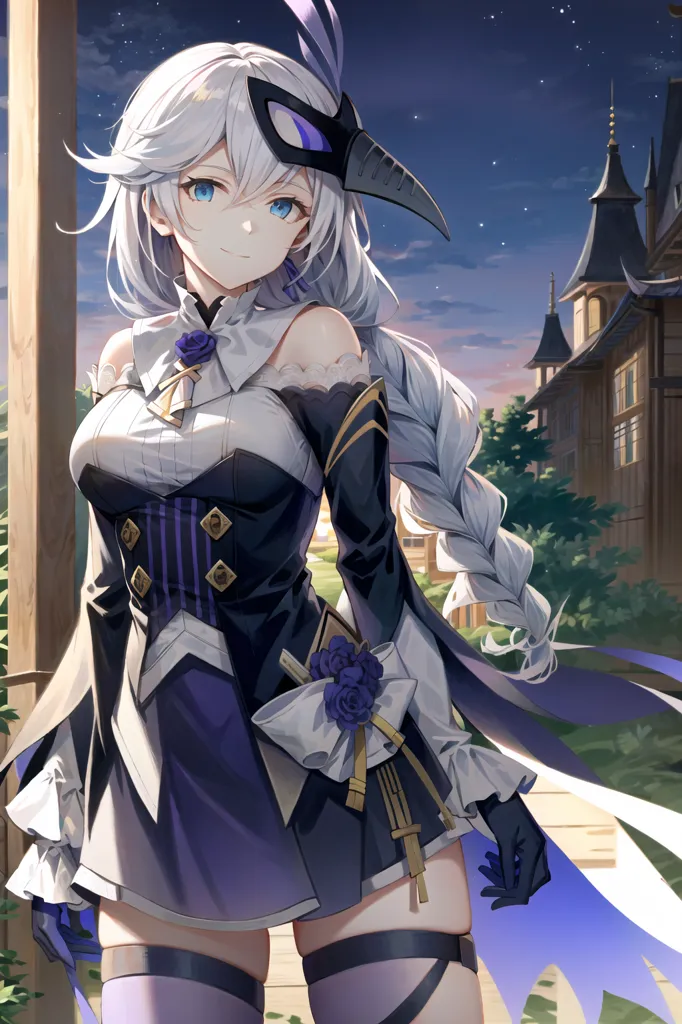 The image is of a beautiful anime girl with long white hair and blue eyes. She is wearing a black and white dress with a purple corset. She is also wearing a black mask with a bird-like beak. The girl is standing in a European-style courtyard, with a large house in the background. The sky is dark and there are stars in the sky. The girl is smiling and looks happy.