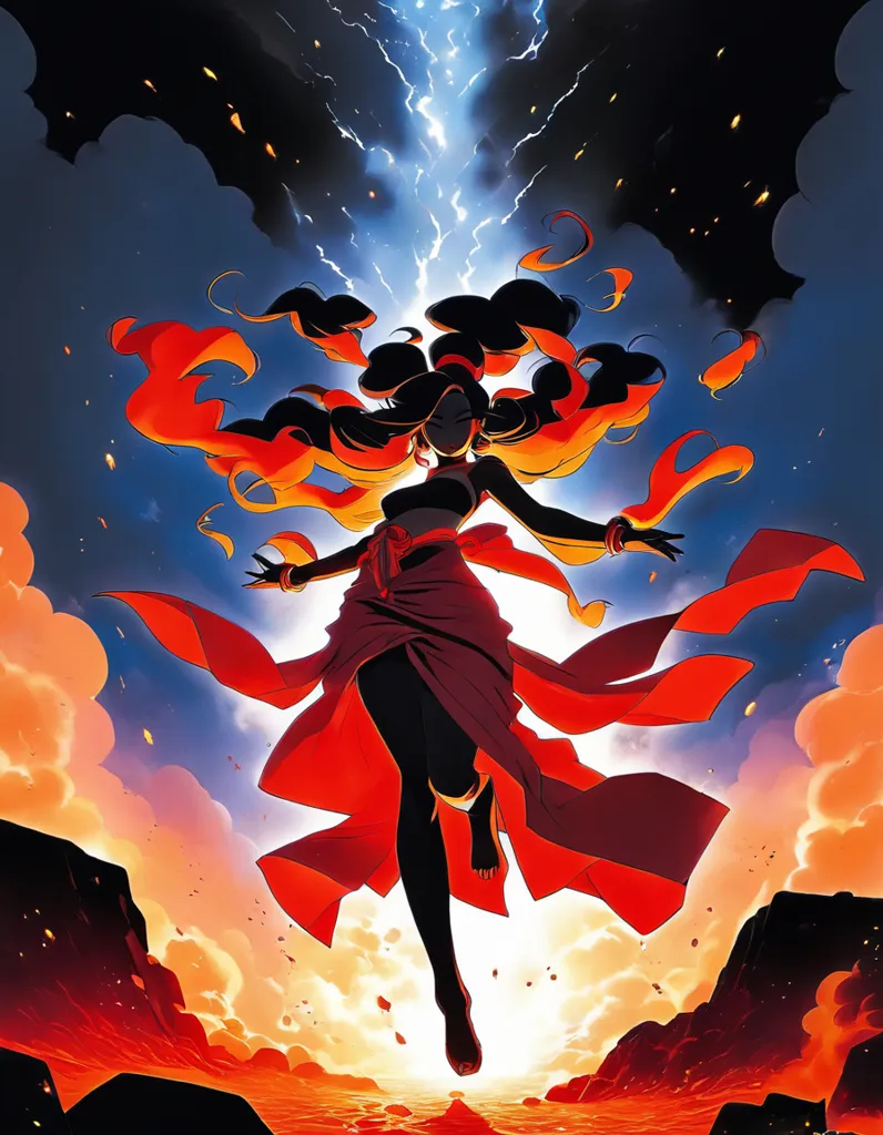 This is a picture of a woman who seems to be a fire bender from the popular cartoon *Avatar: The Last Airbender*. She is standing with her arms outstretched in front of a large fire. She is wearing a red and orange outfit. She has long, flowing hair and is not wearing any shoes. The background is a dark blue sky with a large amount of lightning. There are also some clouds in the background.