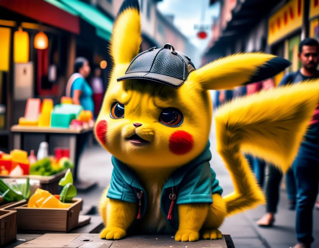 The image shows a Pikachu, which is a character from the Pokémon franchise. It is a yellow, mouse-like creature with a lightning bolt-shaped tail. It is wearing a brown hat and a blue jacket. It is standing on a table in a busy street. There are people walking in the background and there are some crates with fruits and vegetables on the table next to it
