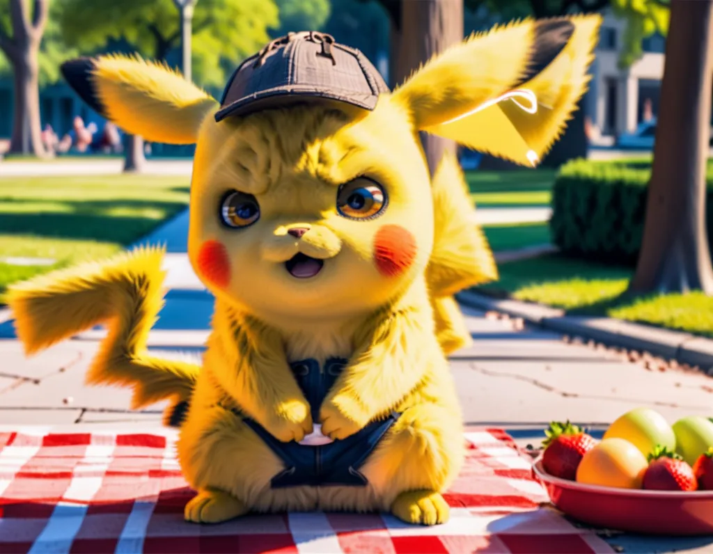 The image shows a photo-realistic Pikachu, a character from the Pokémon franchise. It is sitting on a red and white checkered tablecloth, with a plate full of fruit in front of it. Pikachu is wearing a brown deerstalker hat and a pair of blue jeans. It has a serious expression on its face. The background is a blurred park with trees and a path