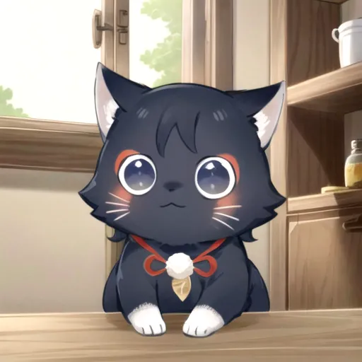 The image shows a cute anime cat with big round eyes and a small black nose. It has black fur with white paws and a white belly, and is wearing a red collar with a white bell. The cat is sitting on a wooden table in front of a window, and is looking at the viewer with a curious expression.