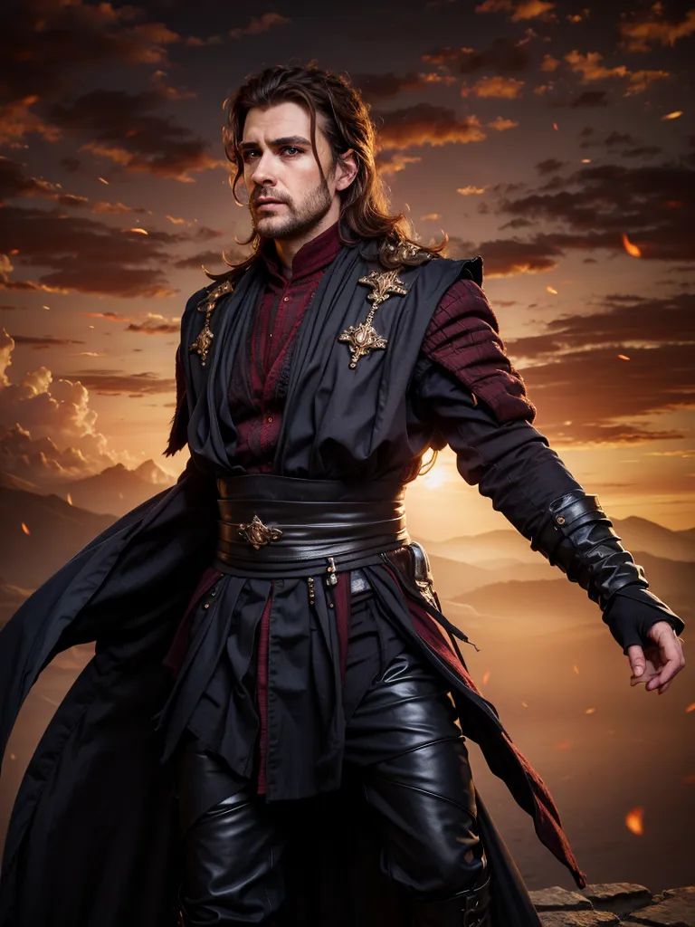 This is an image of a man standing on a cliff. He is wearing a black and red outfit and has long brown hair. He is looking to the left of the frame. The background is a sunset over a mountain range. The sky is orange and the clouds are dark.