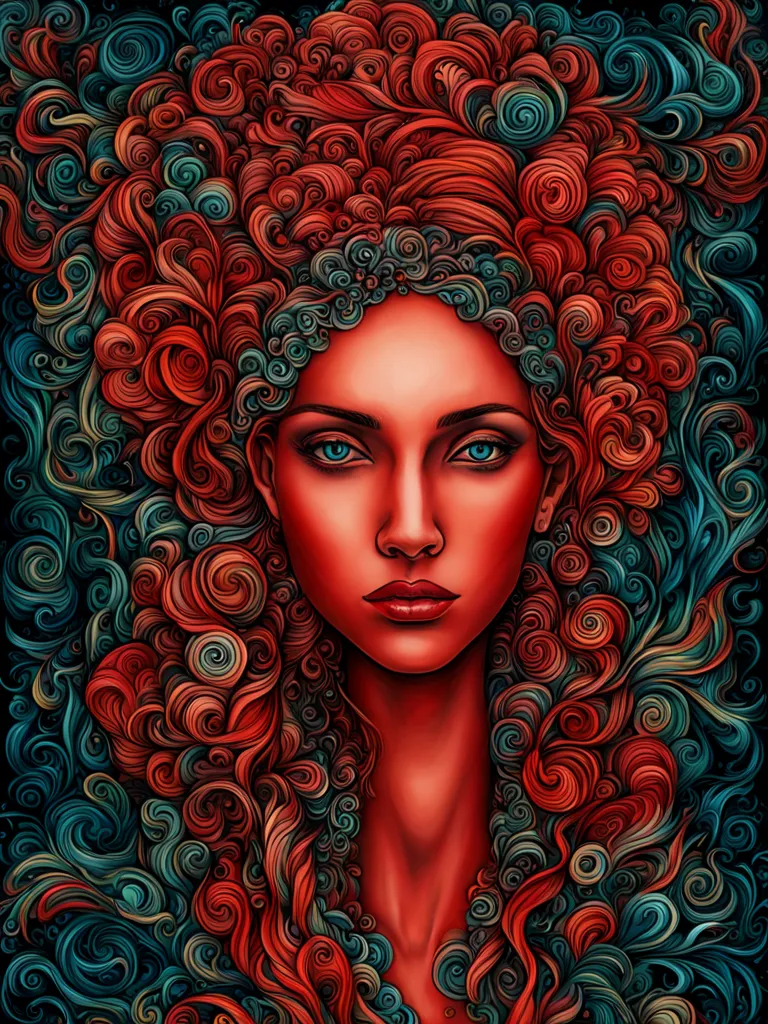 This image is a depiction of a woman with red hair and blue eyes. Her hair is styled in a way that it appears to be blowing in the wind. She is wearing a red dress with a sweetheart neckline. The background is a dark blue color. The image has a surreal quality to it, as the woman's hair appears to be made of fire.