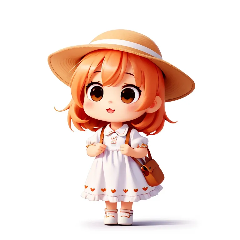 This is an image of a little girl. She is wearing a white dress with red heart designs all over it. She is wearing a brown straw hat and brown shoes. She has orange hair and brown eyes. She is smiling and has a brown bag over her shoulder.