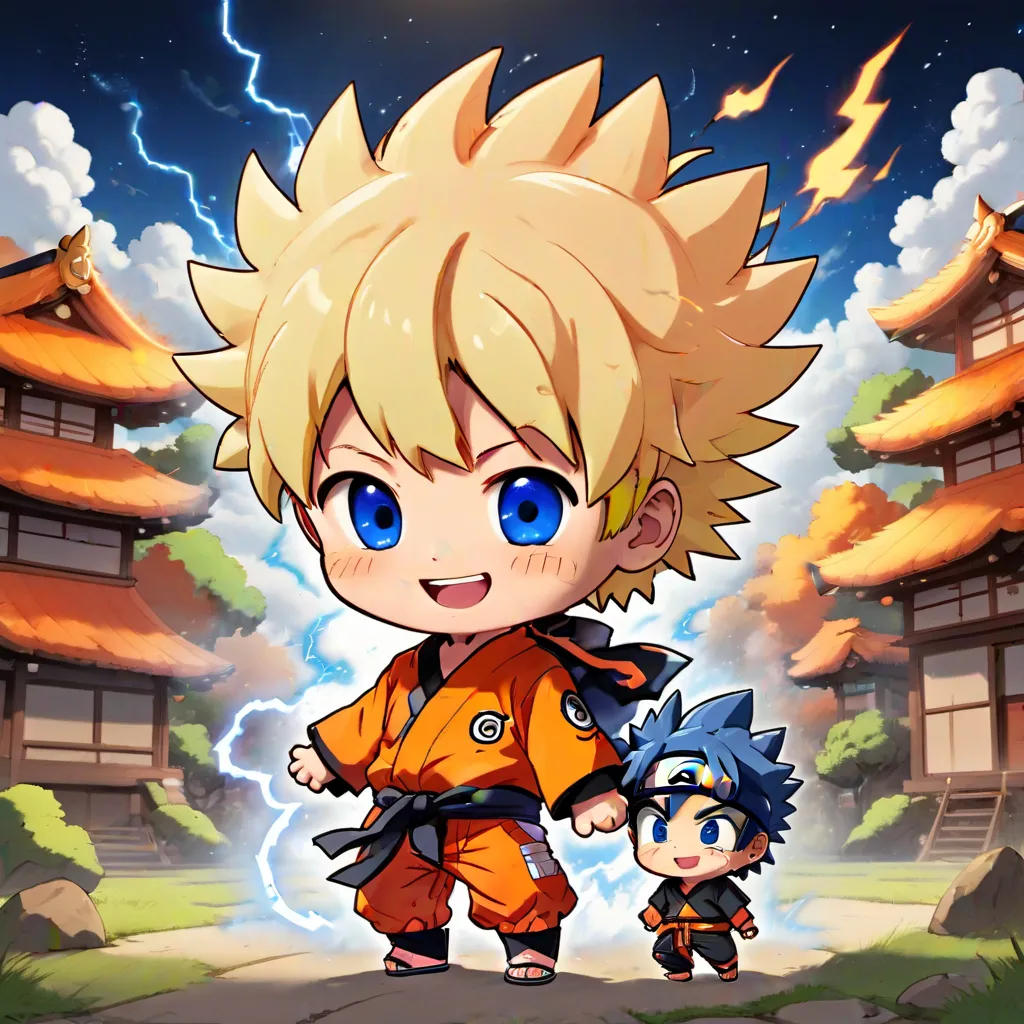 The image is of two anime characters. The main character is Naruto Uzumaki, a young ninja with spiky blond hair and blue eyes. He is wearing an orange jumpsuit with a black belt and a black headband with a metal plate on it. He is also wearing a pair of sandals. The second character is Boruto Uzumaki, Naruto's son. He has short blue hair and blue eyes. He is wearing a black jacket with a white collar and a pair of black pants. He is also wearing a pair of sandals. They are both standing in a village with traditional Japanese houses and a temple in the background. The sky is blue with some clouds and there are bolts of lightning in the background.