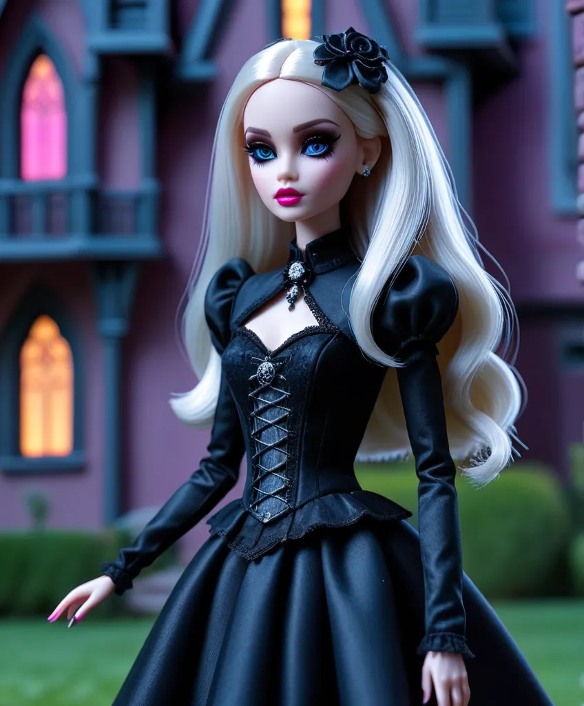 The image shows a doll with long blonde hair and blue eyes. She is wearing a black dress with a corset and a black flower in her hair. The doll is standing in front of a haunted house which is purple with pink lights shining from the windows. The doll's right hand is extended.