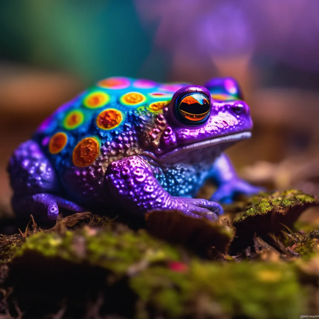 The image shows a purple frog with yellow and orange spots. The frog is sitting on a bed of moss and looking to the right. The background is green and out of focus. The frog is very detailed and looks very realistic.