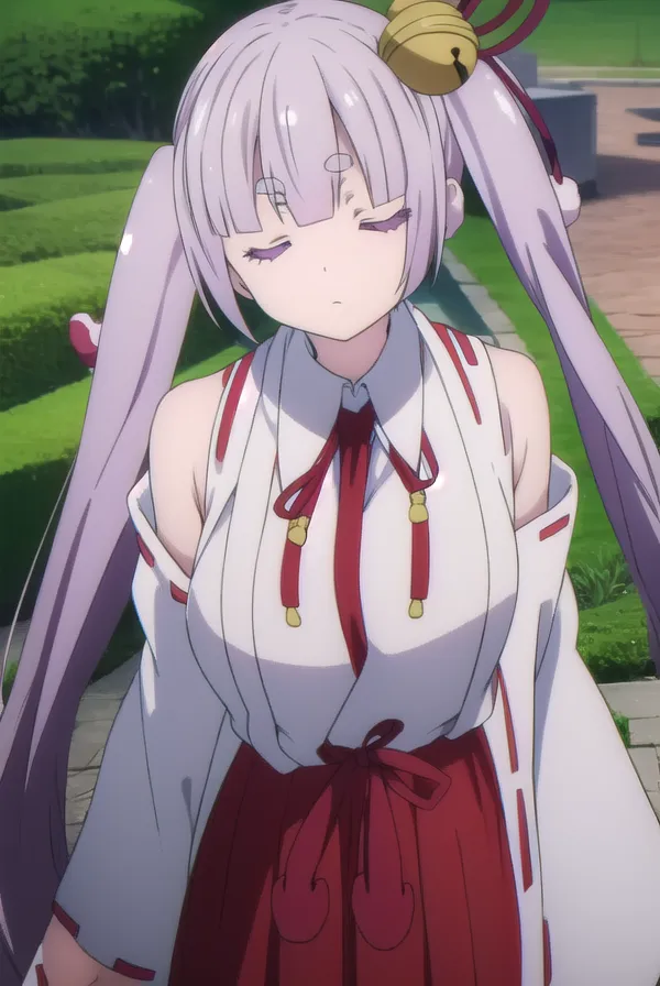 The image shows an anime girl with purple hair and purple eyes. She is wearing a white and red kimono with a red obi. She has a bell on her left ponytail. She is standing in a garden with a blur of green in the background.