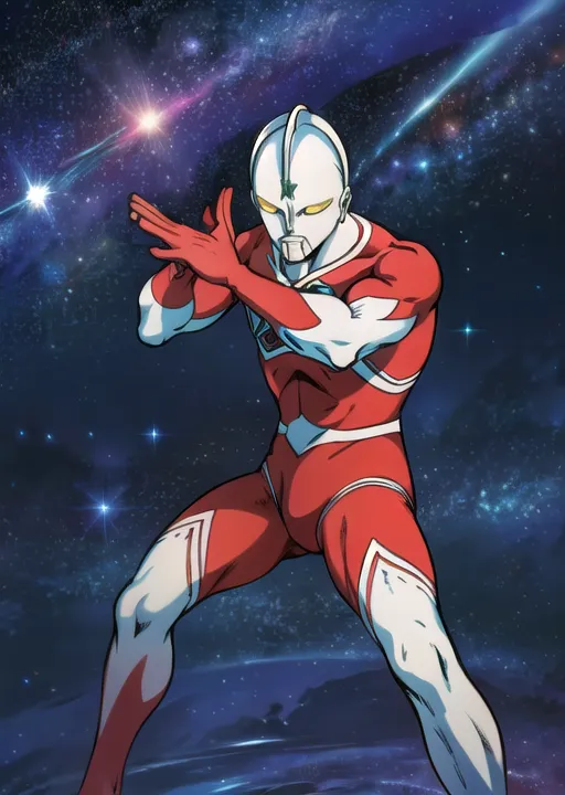 The image shows a man in a red and white superhero suit. He is standing with his arms crossed in front of his chest. He has a white cape and a red and white helmet with a yellow visor. The background is a starry night sky with a blue planet in the distance.