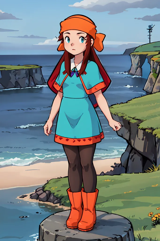 The image is of a girl standing on a cliff overlooking the ocean. She is wearing a blue dress with a white collar and an orange scarf. She has brown hair and blue eyes and is wearing orange boots. The background is of the ocean with a rocky cliff on the left and a sandy beach on the right. There are also some flowers on the cliff.