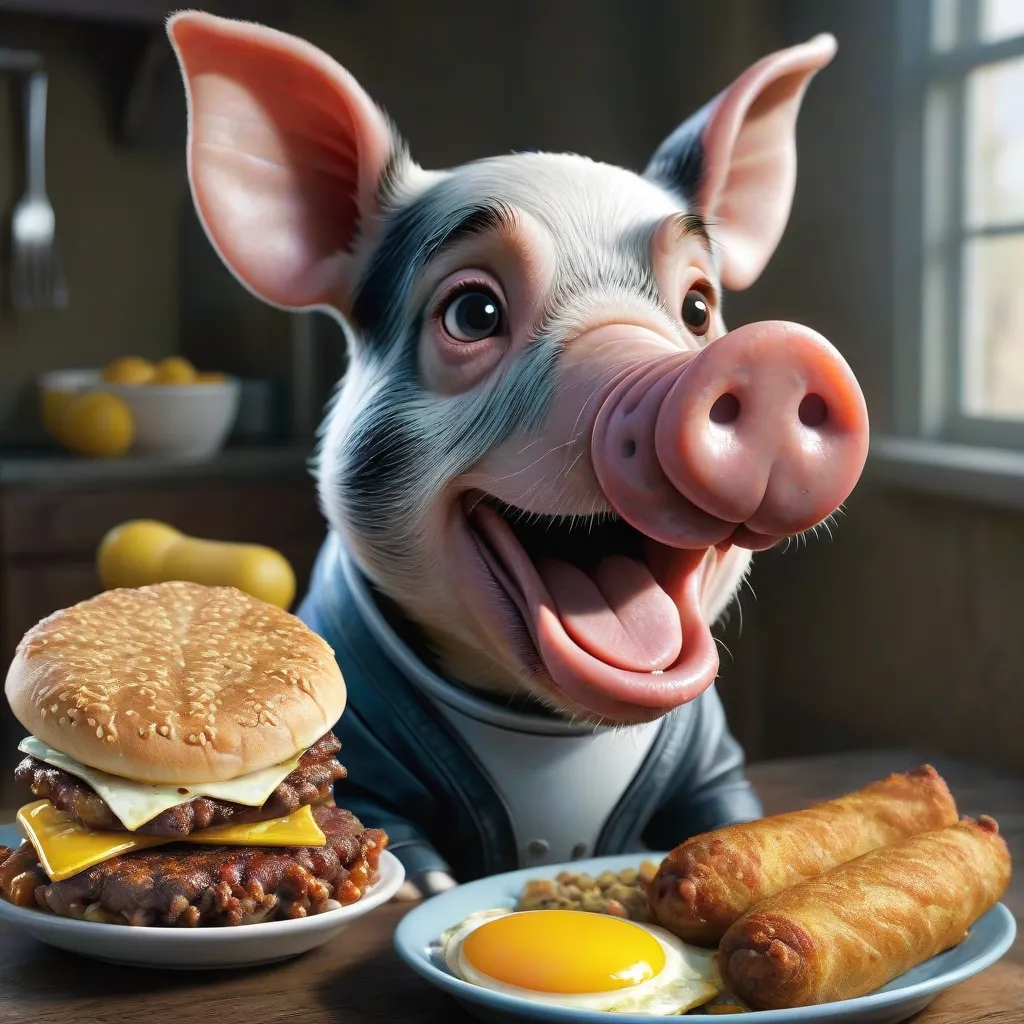 The image shows a pig sitting at a table and eating a meal. The pig is wearing a blue shirt and has a napkin tucked into its collar. It is sitting in front of a plate of food that includes a hamburger, a fried egg, and some egg rolls. The pig is smiling and looks very happy. There is also a glass of milk on the table.