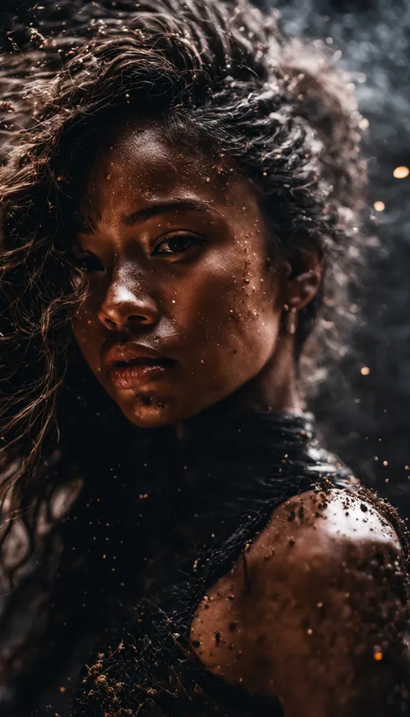 This is a photograph of a young woman, probably in her late teens or early twenties. She has long, dark curly hair, and her face is covered in mud. Her expression is one of determination and defiance. She is wearing a dark top, and her shoulders are bare. The background is dark and out of focus.