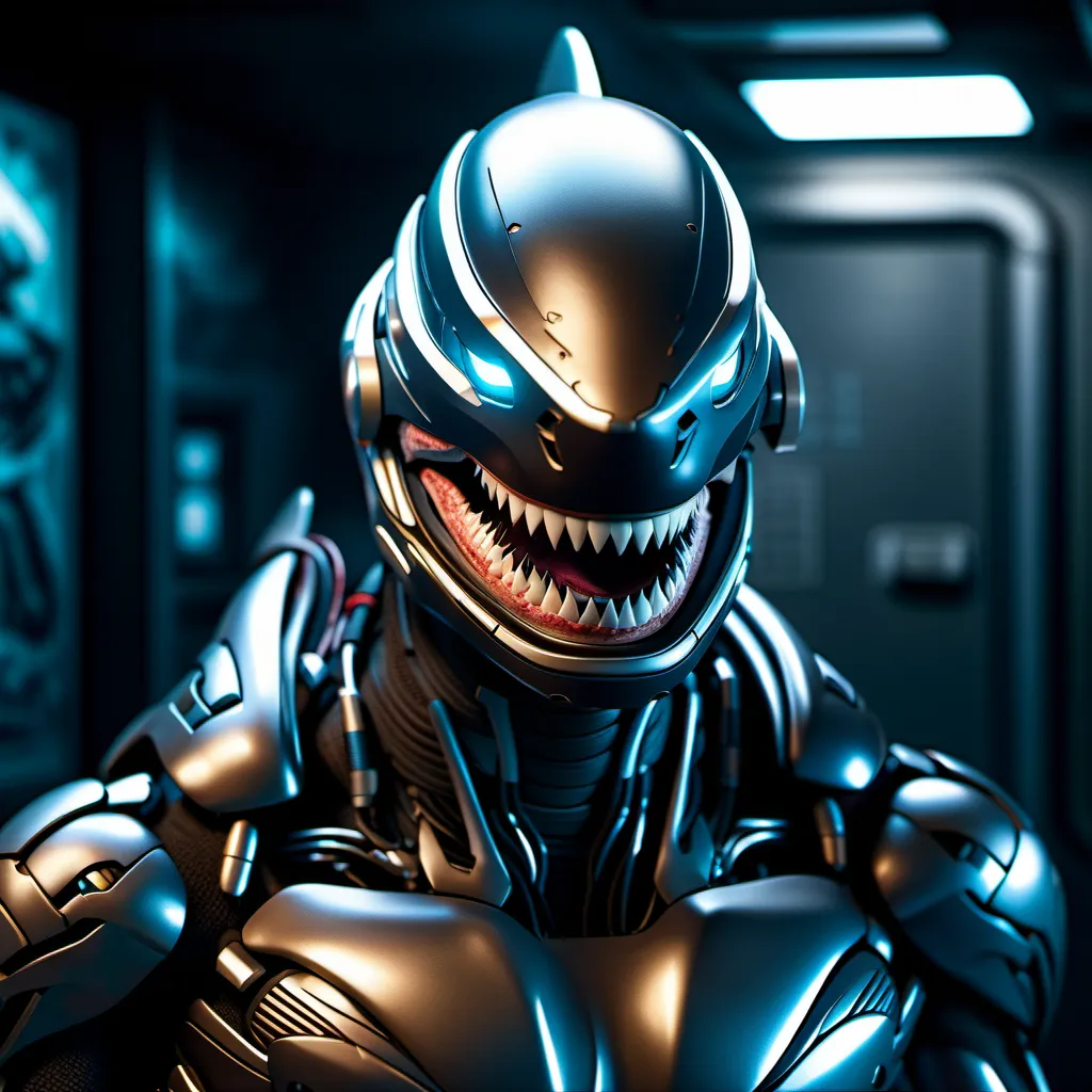 The image shows a humanoid robot with a shark-like head. The robot is made of metal and has a blue light shining from its eyes and mouth. It is wearing a black and silver suit of armor. The background is a dark room with a blue light on the floor.