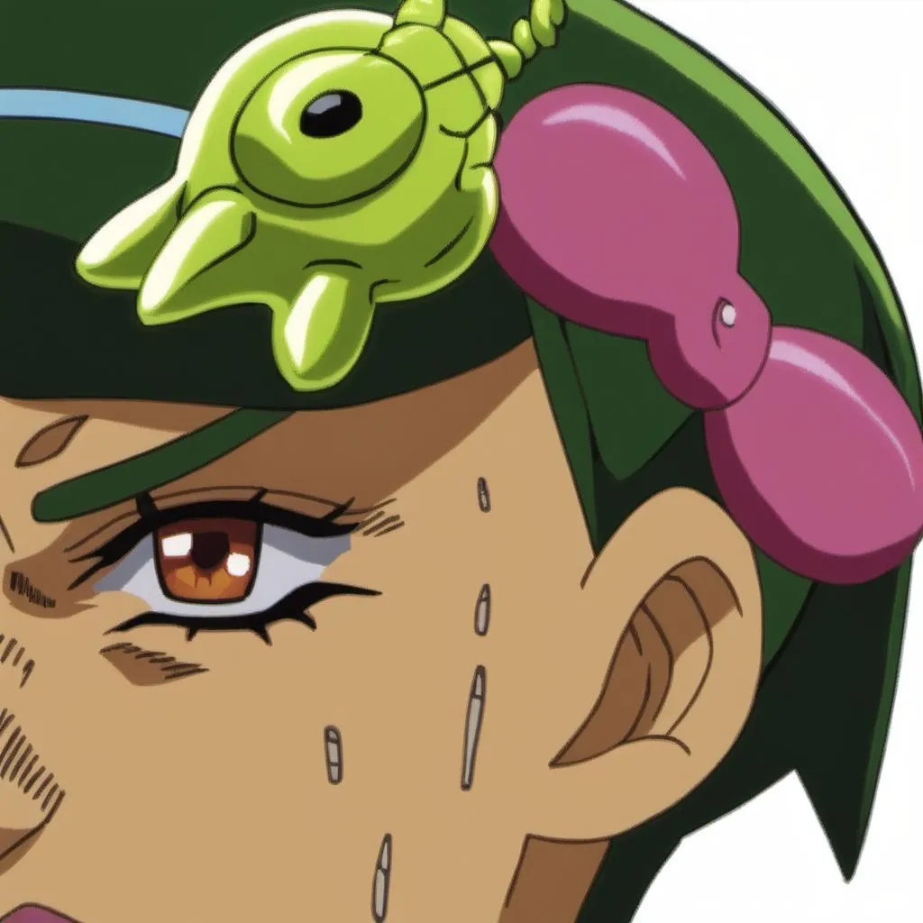 The image is a close-up of a young man with green hair and brown eyes. He is wearing a green hat with a pink bow on it. The man's eyes are wide and he is sweating. There is a small green creature with one eye on his hat. The creature has a pink balloon attached to it.