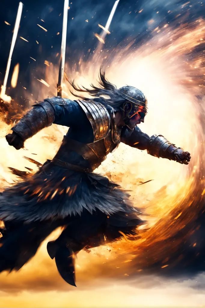 This is an image of a warrior. He is wearing a helmet and armor and is carrying a sword. He is running towards the viewer, and there is a firestorm in the background. The warrior is illuminated by the fire, and his face is determined and fierce. He is wearing a kilt and has long hair that is blowing in the wind. The background is dark and smoky, and there are embers flying through the air. The warrior is in the middle of a battle, and he is determined to win.