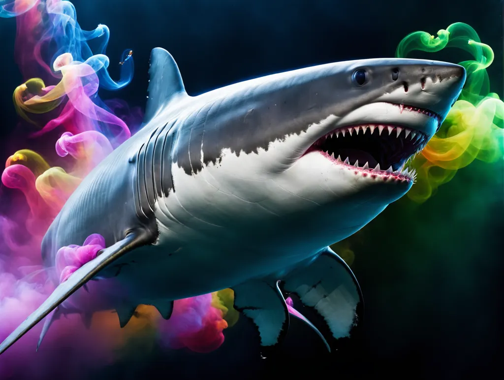 The image is a great white shark. It is a large, powerful fish with a long, pointed snout and rows of sharp teeth. The shark is shown swimming in a dark blue sea, with colorful smoke surrounding it. The shark's body is light gray, with a white belly and dark gray fins. Its mouth is open, and its teeth are bared. The shark's eyes are a deep blue, and they are fixed on the viewer. The image is both beautiful and terrifying, as it captures the power and ferocity of one of the ocean's most feared predators.