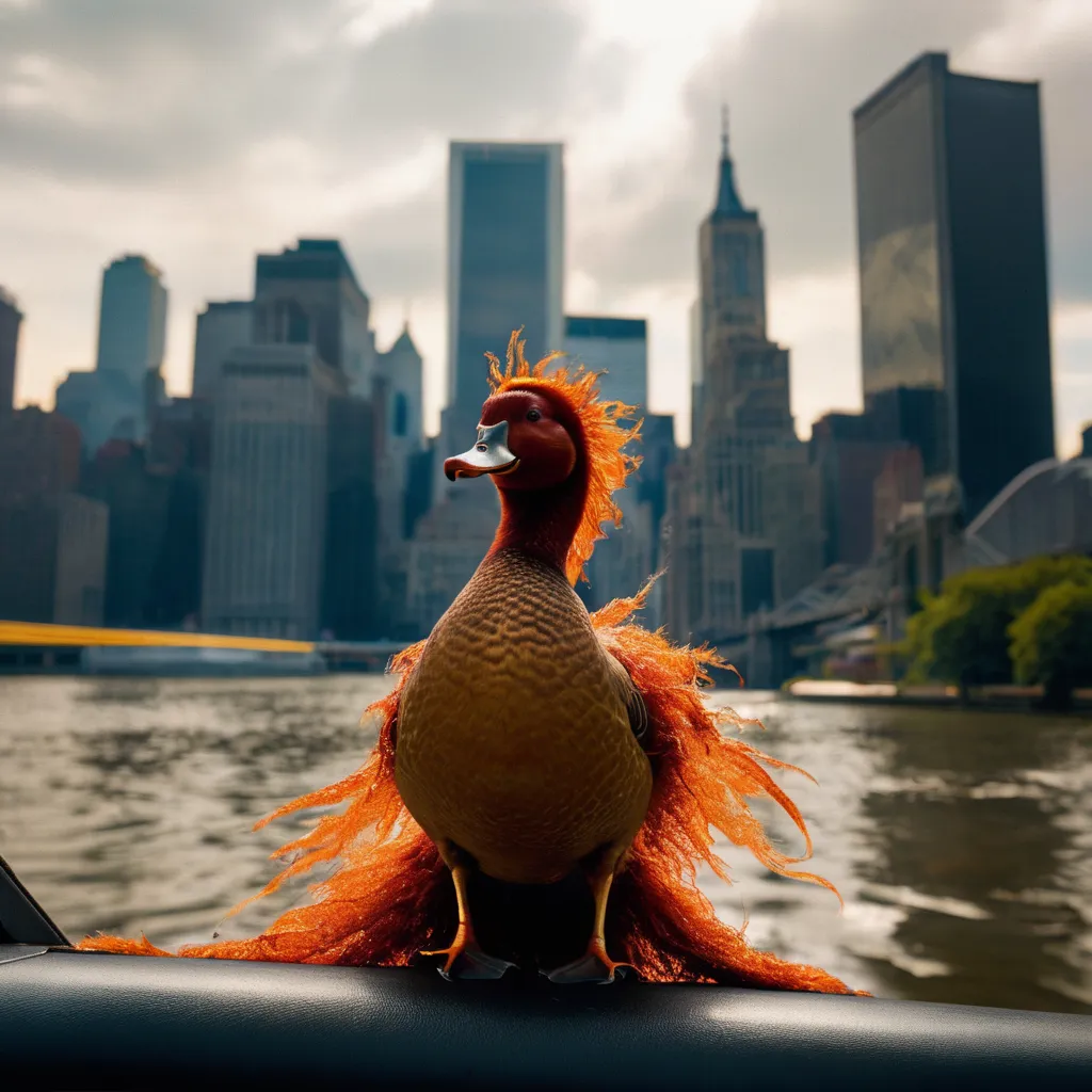 A duck with bright red feathers is sitting on the edge of a boat. The duck is looking to the left of the frame. In the background, there is a large city with many skyscrapers. The sky is cloudy and there is a storm approaching.