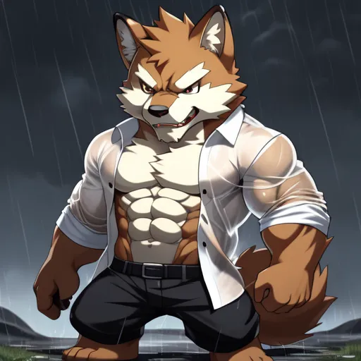 The image is of a muscular wolf anthropomorphic character with brown fur and yellow eyes. He is wearing a white shirt that is open, black pants, and no shoes. The shirt is wet and clings to his body, showing off his muscles. He has a determined expression on his face and is standing in a powerful pose, his fists clenched at his sides. The background is a dark, rainy night.