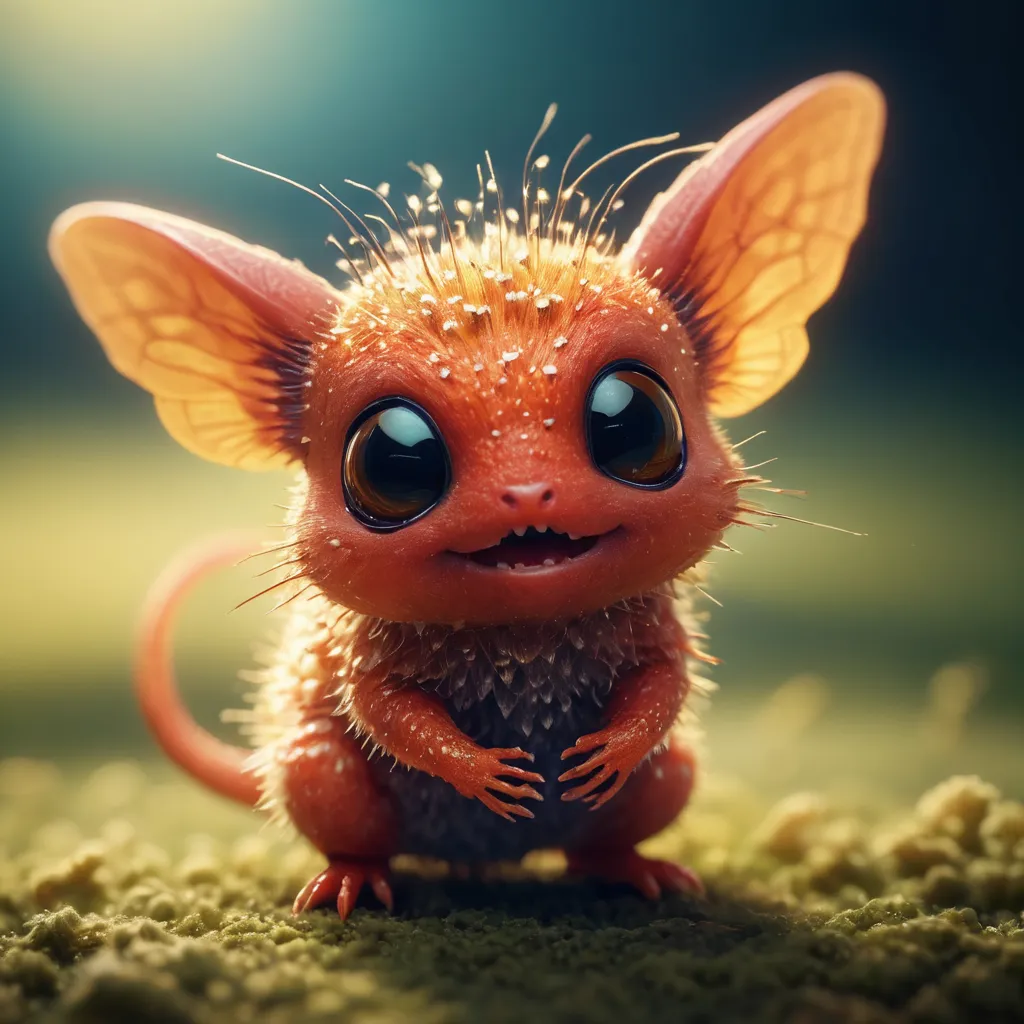 The image shows a small, cute, orange creature with large ears and big eyes. It is standing on a green surface, possibly moss, and is looking at the viewer with a friendly expression. The creature has a long tail and is covered in short fur. Its ears are pointed and its feet have small claws.