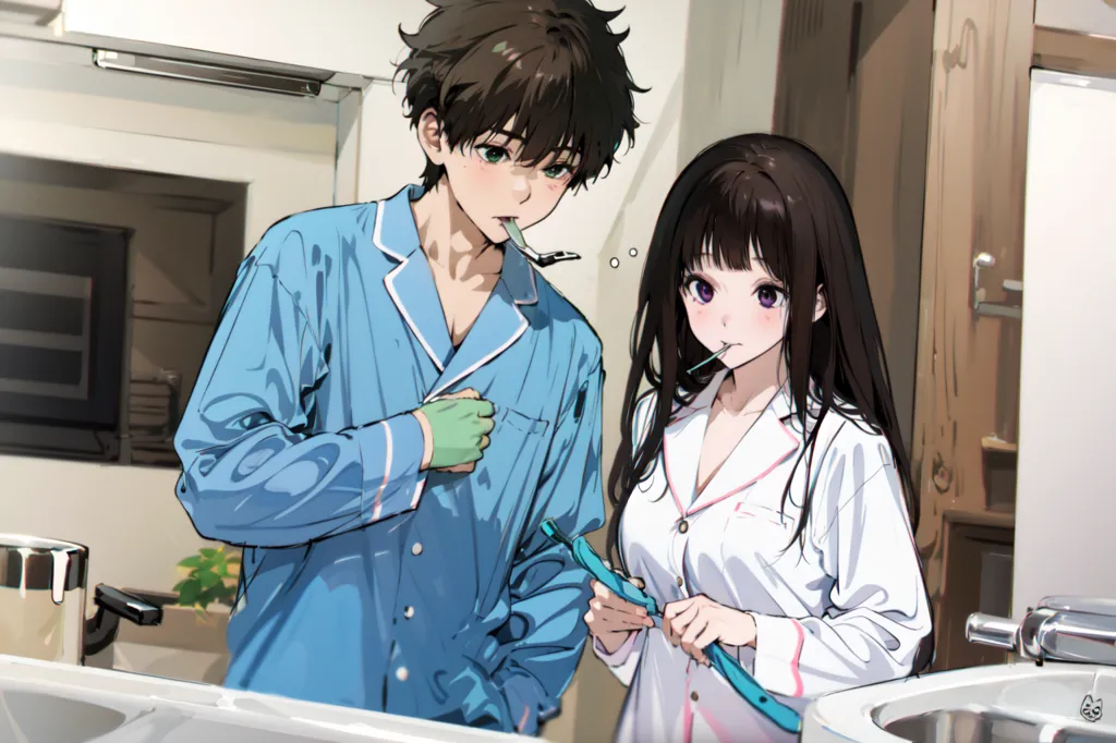 This is an image of a man and a woman in their pajamas brushing their teeth in the bathroom. The man is wearing a blue and white striped pajama top and the woman is wearing a white pajama top. The man has short brown hair and the woman has long black hair. They are both looking at each other and smiling. There is a cat on the sink.