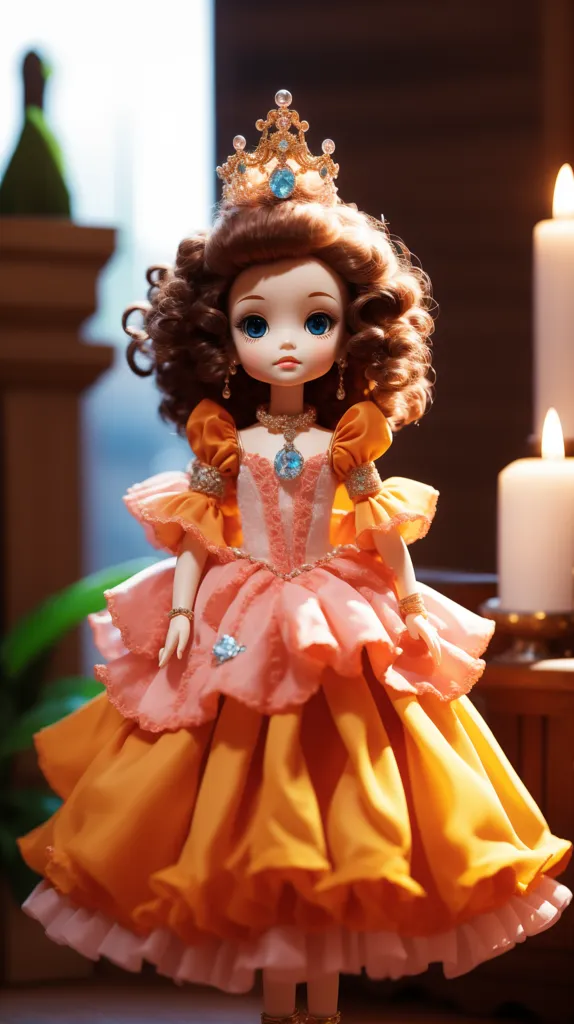 This is a picture of a doll with brown hair and blue eyes. She is wearing a peach-colored dress with a white petticoat. The dress has a fitted bodice with off-the-shoulder sleeves and a full skirt with ruffles. She is also wearing a necklace and a tiara. There are candles and a plant in the background.