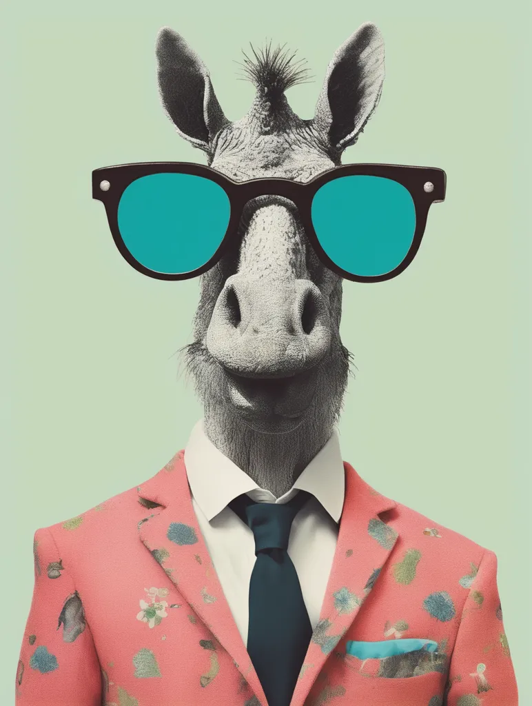 The image shows a donkey wearing a suit and sunglasses. The donkey is smiling and has a confident expression on its face. It is wearing a pink suit with a floral pattern, a white shirt, and a black tie. The donkey is also wearing blue sunglasses. The background is a light green color.